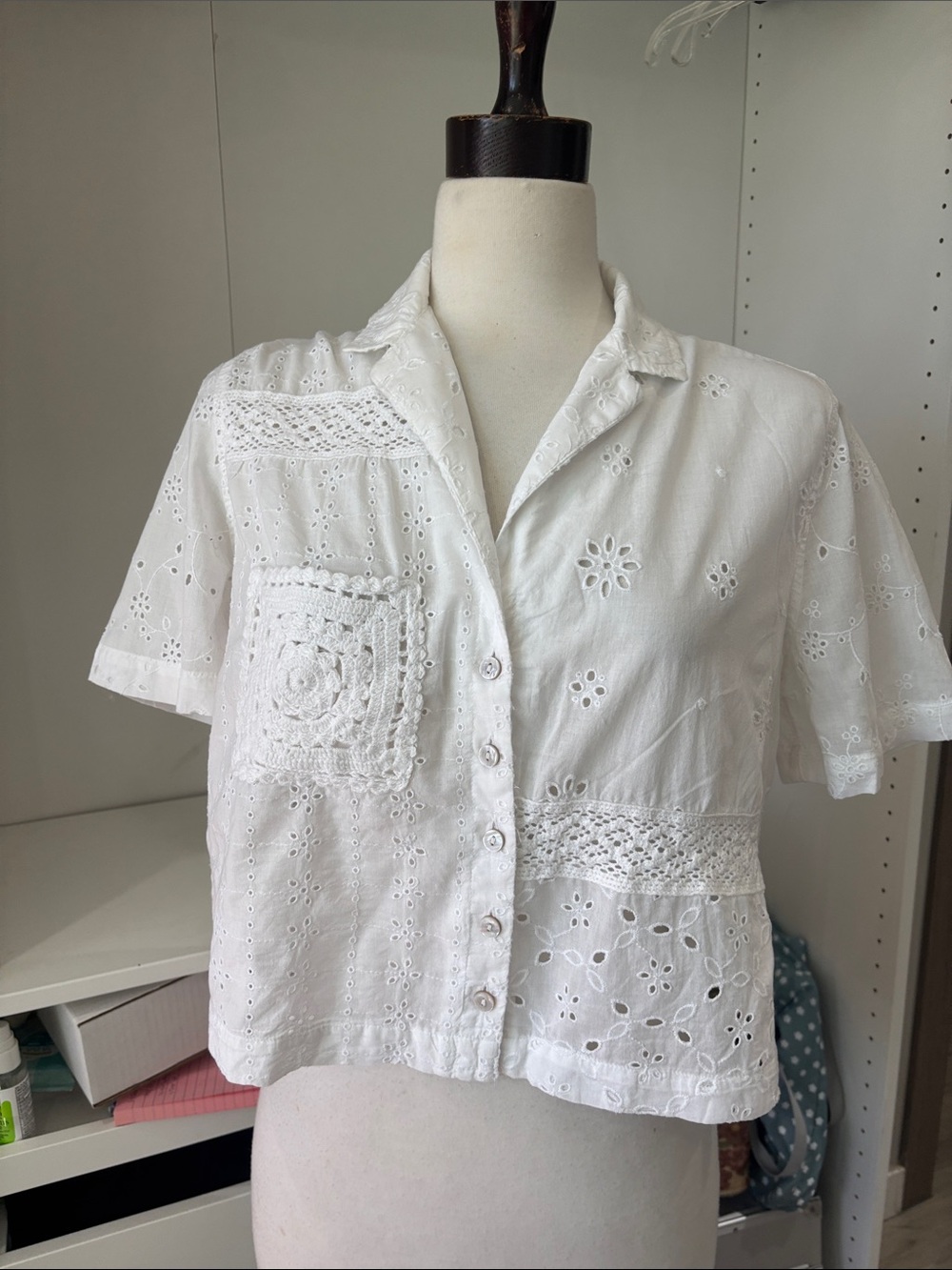American Eagle Outfitters White Eyelet Crochet Button-Down Top